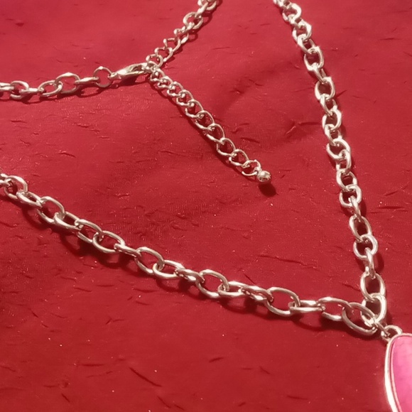 Circle links chain necklace with drop pendant tassel pink color stone Sz. 16+2 - Picture 2 of 4